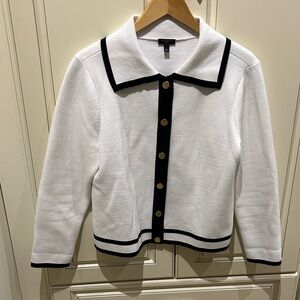 Talbots White and Navy Cardigan with Sailor Collar and Snap Closure